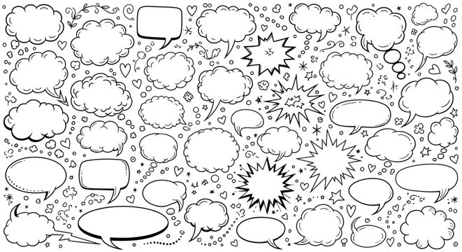 Collection of various comic speech bubbles and thought clouds with hearts stars