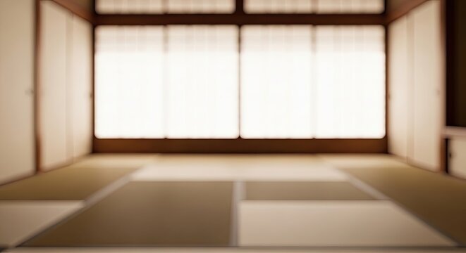 Blurred background of a traditional Japanese room with tatami mat flooring and shoji paper screens.