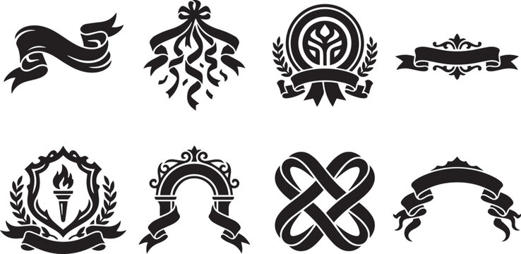 Vintage monochrome heraldic elements set with laurel wreath torch and ribbons vector