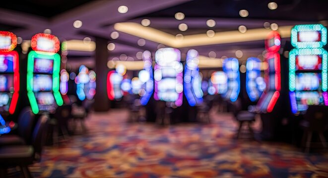 Blurred Background of a Vibrant Casino Floor with Slot Machines.