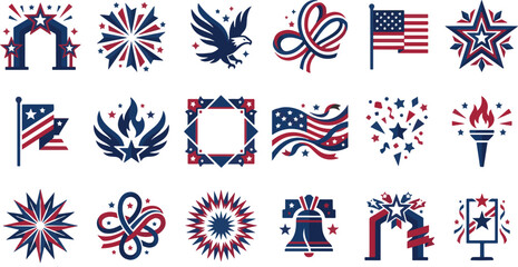 Patriotic USA icons set with American flag eagle liberty bell and fireworks vector © Syed Radif