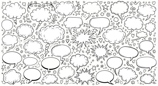  A black and white illustration of various comic book style speech bubbles and thought clouds