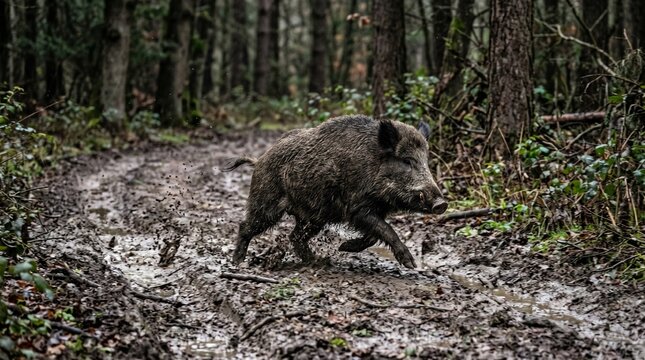 Wild Boar Running Through Mud in Autumn Forest