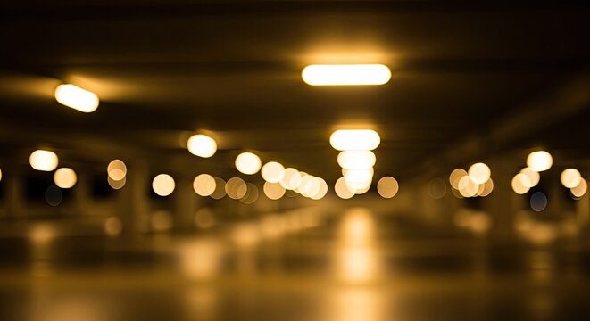 Abstract blurred background of an empty parking garage at night with warm bokeh lights.