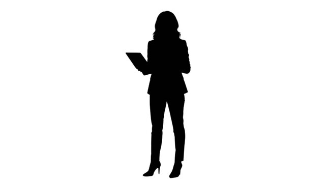 Professional woman holding tablet standing isolated on transparent background, Vector