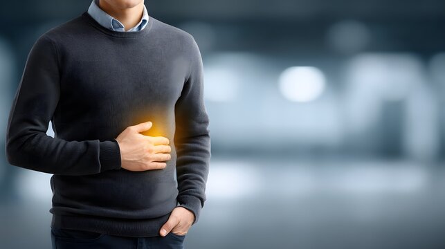 Man holding right upper abdomen with glowing fatty liver illustration overlay, healthcare concept, photorealistic medical image