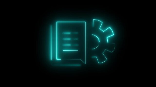 Neon glowing cyne text file icon animation in black Animation of glowing neon File documents icon glowing neon settings icon animation on black background glowing line document icon