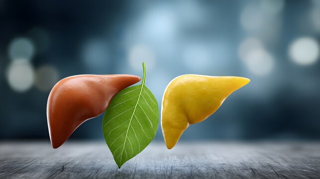 Healthy versus fatty liver comparison inside transparent human torso, realistic medical concept, commercial stock image