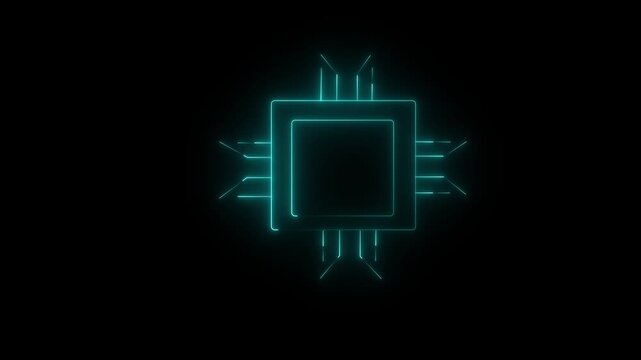 Glowing neon Chip icon animation.cyen Neon microchip icon animation. Computer processor chip icon animation with neon line on black background
