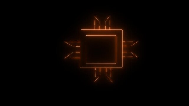 Glowing neon Chip icon animation. golden Neon microchip icon animation. Computer processor chip icon animation with neon line on black background