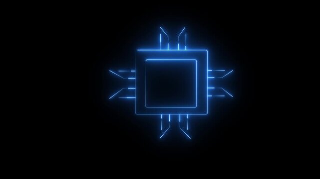 Glowing neon Chip icon animation. blue Neon microchip icon animation. Computer processor chip icon animation with neon line on black background