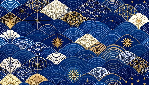Traditional Japanese Patchwork Seamless Pattern in Indigo Blue