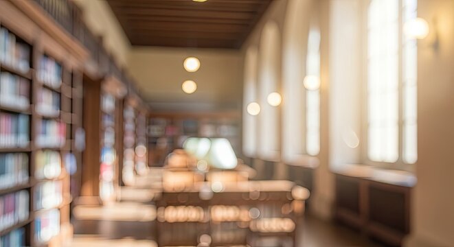 Blurred background of a classic library reading room with warm sunlight.