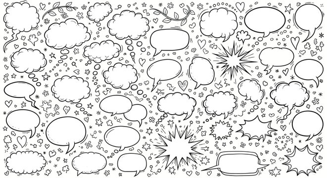 A black and white illustration of various comic book style speech bubbles and thought clouds with hearts stars and other decorative elements