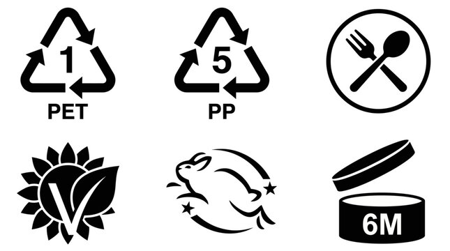 Packaging Recycling & Safety Icons Set &ndash; PET, PP Plastic Recycle, No Food Contact, Cruelty Free Leaping Bunny, 6M PAO Vector