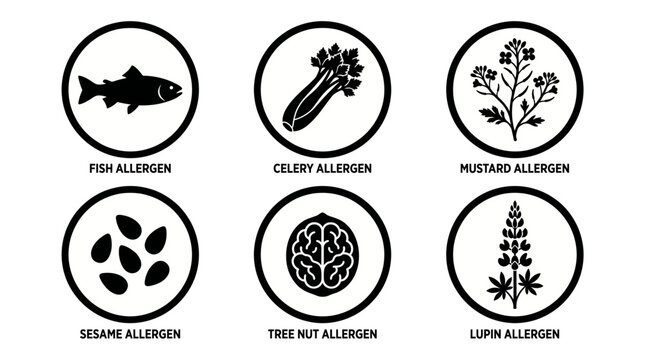 Allergen Warning Icons Set &ndash; Fish, Celery, Mustard, Sesame, Tree Nut, Lupin Round Circle Label Symbol Vector