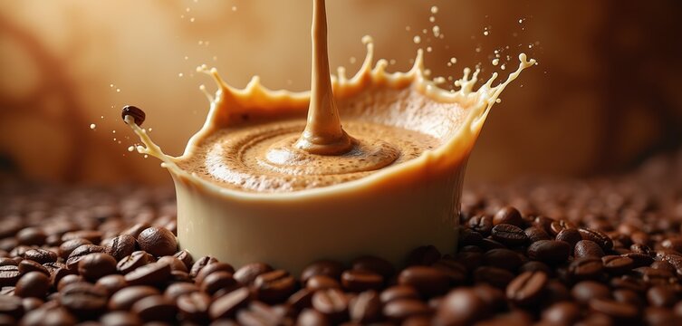 Pouring creamy coffee creates splash with beans falling. Aromatic beverage swirls in cup surrounded by roasted coffee beans. Morning energy boost concept for cafe or restaurant.