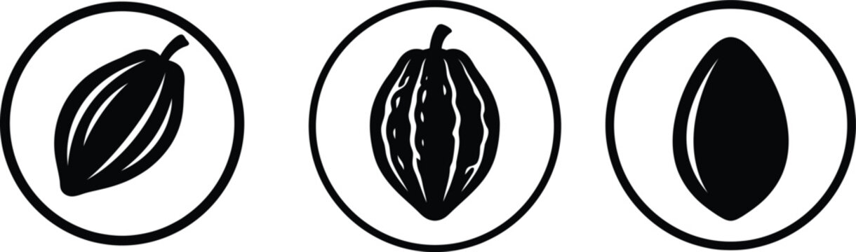 Set of three cocoa pod icons isolated on transparent background for chocolate packaging design.