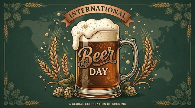 Rustic Engraved International Beer Day Celebration Mug with Hops and Wheat Elements