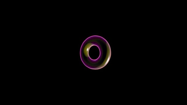 Rotating glowing iridescent torus ring shape spinning in dark space creating smooth abstract motion video footage