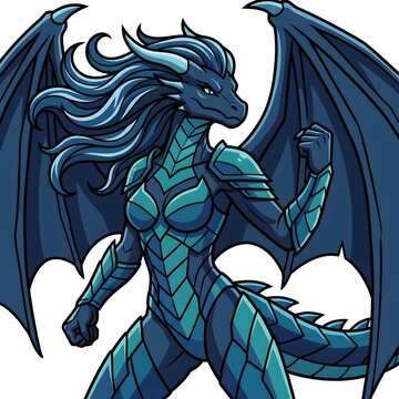 Feminine blue dragon warrior with long hair and scaly armor standing.