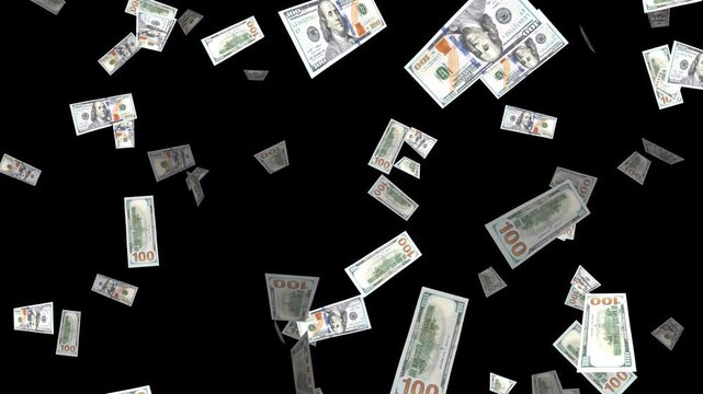 3d dollar money banknotes falling isolated alpha channel loopable animation, economy and business, stock market exchange social media motion design element