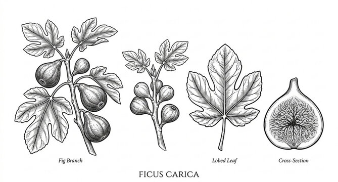 Vintage fig tree branch and leaf ink sketch vector set for menu and packaging design isolated on white background