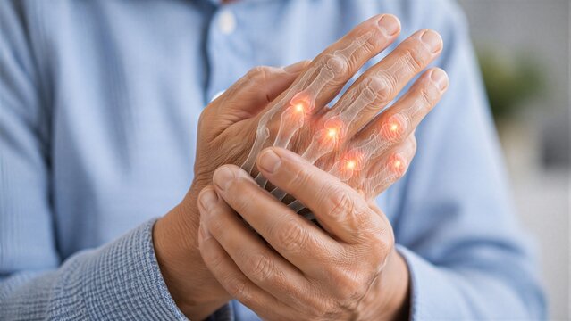 Man holding painful hand with digital skeleton overlay showing arthritis inflammation. Medical concept for rheumatology treatment and joint disease health awareness