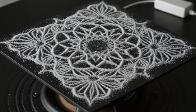 Chladni figures cymatics physics experiment white sand geometric mandala