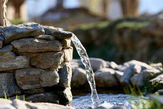 Flowing Water from Stone Well in Quiet Village Environment Surrounded by Nature and Greenery