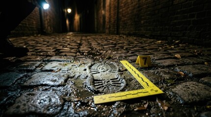 Fototapeta premium Crime Scene Investigation Footprints and Evidence Marker on Cobblestone Alley at Night.