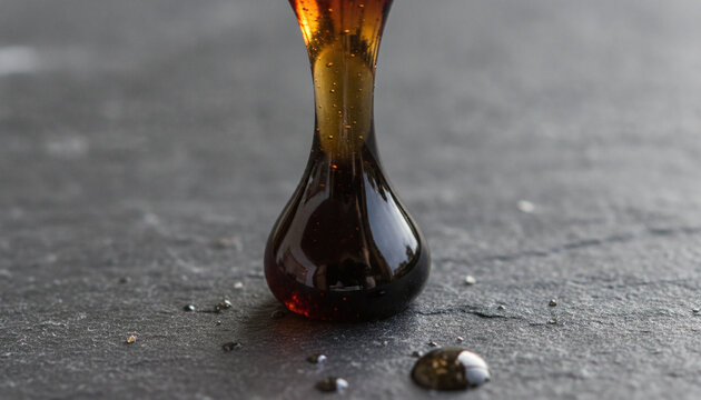 Pure Shilajit resin thick glossy black viscous drop macro with amber edges