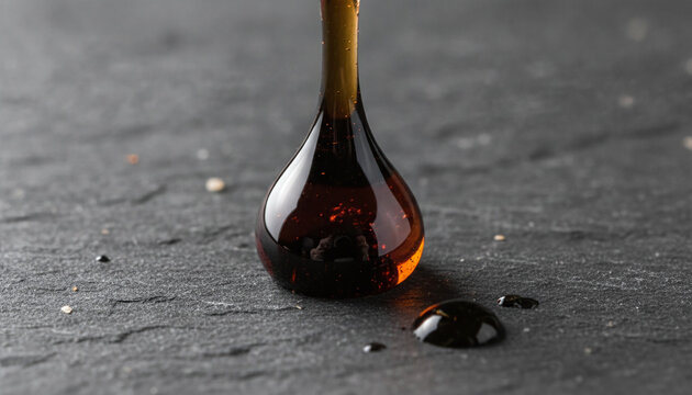 Pure Shilajit resin thick glossy black viscous drop macro with amber edges