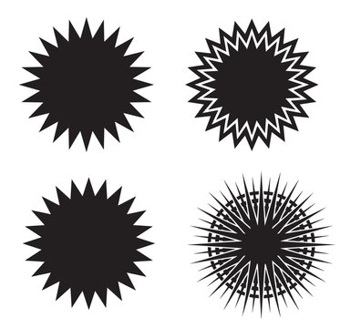 Set of four black starburst and sunburst graphic elements for sale tags price labels and decorative badges isolated on white background vector