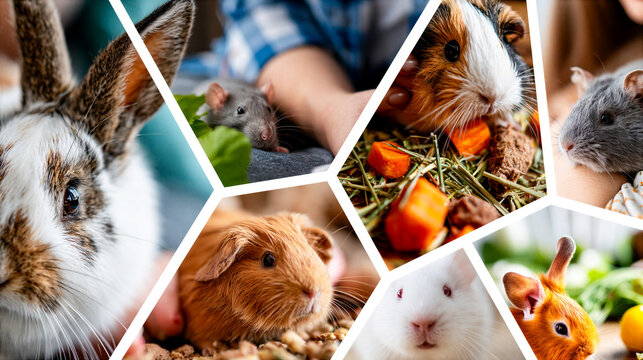 montage of rodent pets, rabbits, guinea pigs, mice, rats, hamsters & Gerbils in a grid formation separated by a white keyline creating a dynamic layout