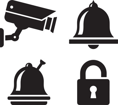 Security and alert icon set with surveillance camera, notification bell, service bell, and padlock vector silhouettes