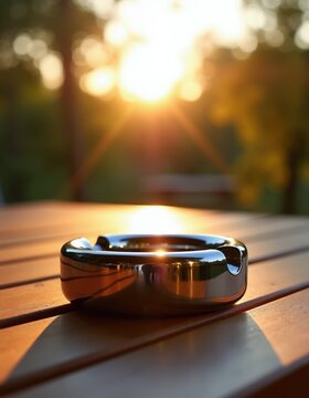 Shiny metal ashtray on wooden table, sunset light gleams. Background shows blurred trees and bokeh lights. Outdoor setting suggests relaxation or a break.