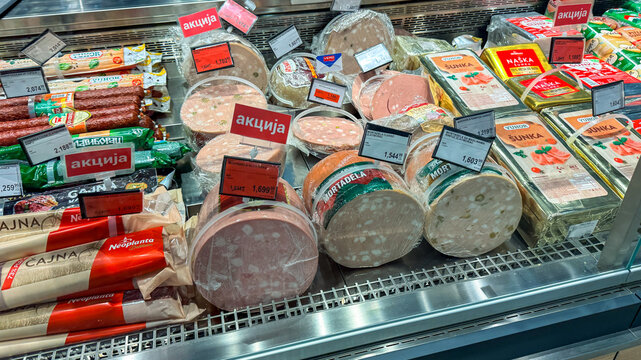 Supermarket deli meat display in refrigerated case with cool lighting, ideal for grocery marketing, retail editorial and social media, 5 May 2026 Subitica, Serbia