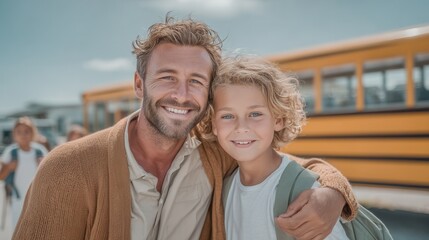 Obraz premium A smiling child with a backpack stands next to an adult near a school bus on a sunny day. A parent and child stand together in front of a yellow bus, a happy morning before school.
