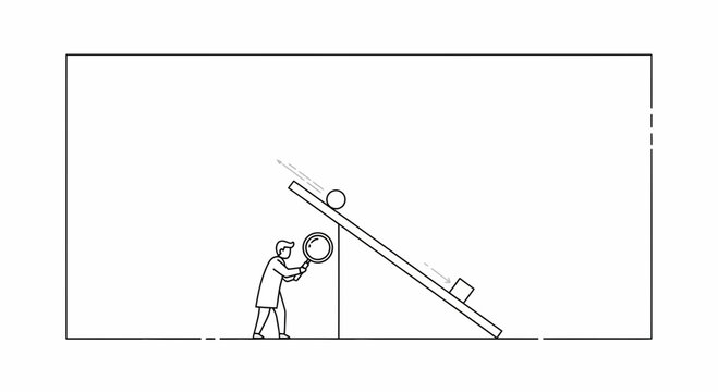 Man with magnifying glass focuses sunlight on inclined plane with ball and block