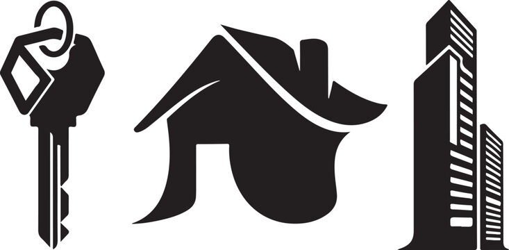 Real estate vector icon set with house silhouette, key, and skyscraper building