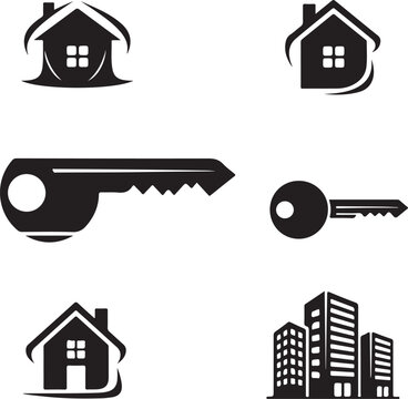 Real estate and property logo icons set with house silhouettes, keys, and buildings isolated on white background