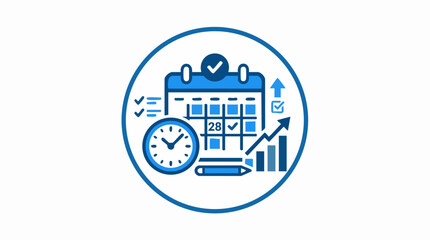 Obraz premium Project management icon with calendar and clock, business productivity vector illustration, time tracking and schedule planning concept
