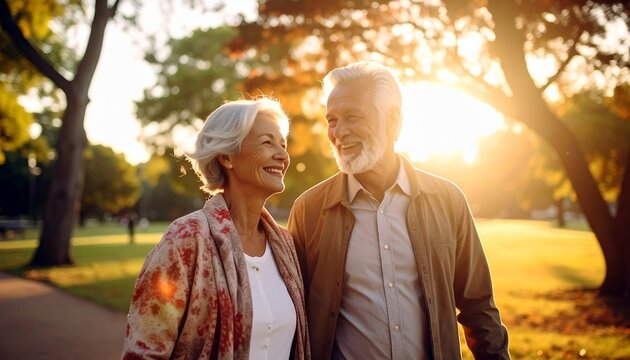 Happy senior couple walking in the park at sunset