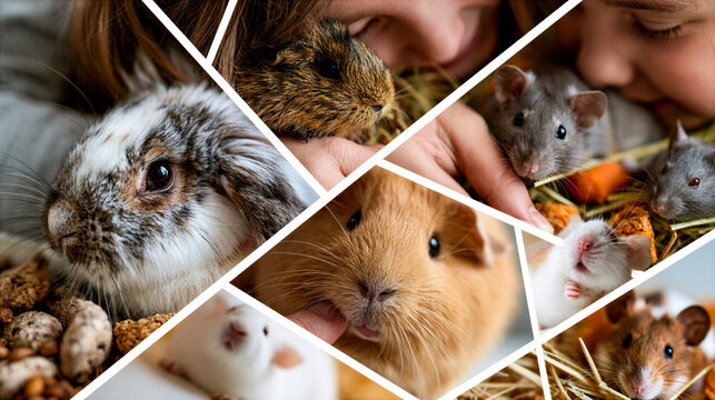 montage of rodent pets, rabbits, guinea pigs, mice, rats, hamsters & Gerbils in a grid formation separated by a white keyline creating a dynamic layout