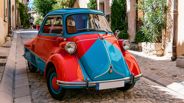 microcar. Brightly colored vintage microcar parked on narrow European cobblestone street. mobility guides, transit brochures, designed for transport & logistics marketing, clarifies navigation.
