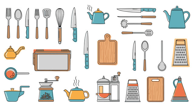 Extensive collection of various kitchen utensils and cooking tools including knives, kettles, boards, and graters in line art.