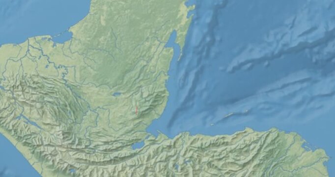 Belize on Globe. Zoom into the country with Earth spinning on dark background. Physical world map with Belize and label on it. Country view animation.