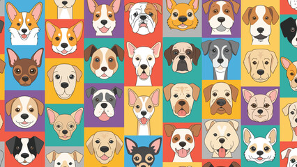 Fototapeta premium Colorful seamless pattern of diverse dog breed faces arranged in a grid of vibrant squares for animal lovers and pet products.