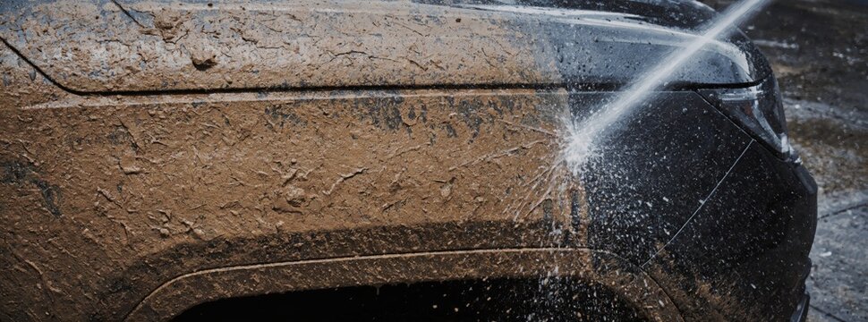 High pressure water jet cleaning mud from dirty black car body. Professional vehicle wash maintenance process. Removing dirt from automobile fender for shiny surface and auto care.
